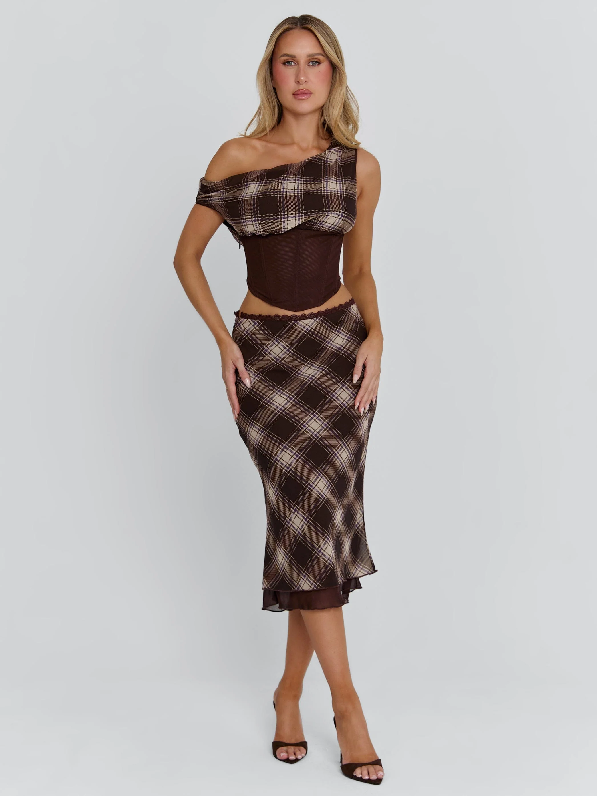 NARELLE MIDI SKIRT BROWN CHECK - Image 6